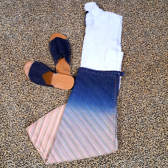 🌈DKNY DENIM OMBRE RAINBOW STRIPE MID-RISE A-LINE SKIRT- 2 - Picture 4 of 6